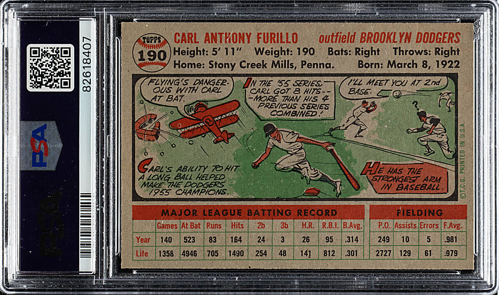 1956 Topps #190 Carl Furillo PSA NM-MT 8