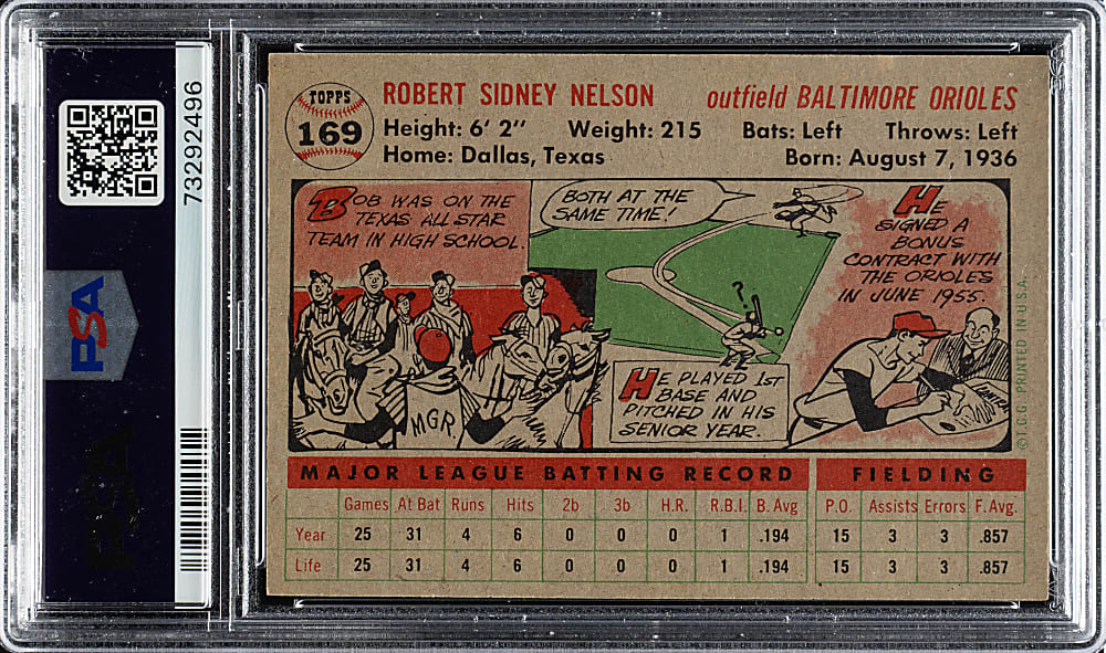 1956 Topps #169 Bob Nelson Gray Back PSA NM-MT 8