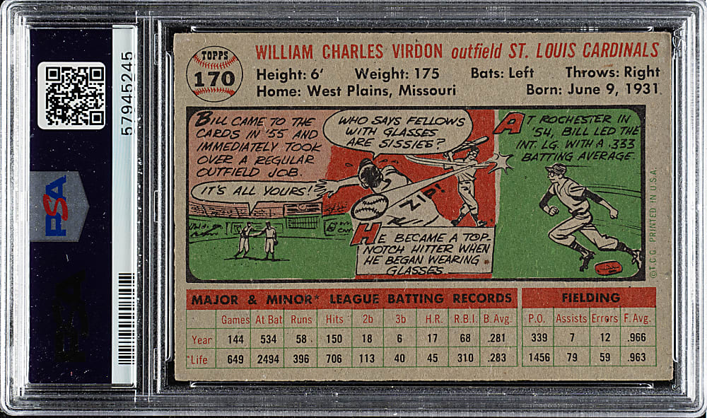 1956 Topps #170 Bill Virdon Gray Back PSA NM-MT 8
