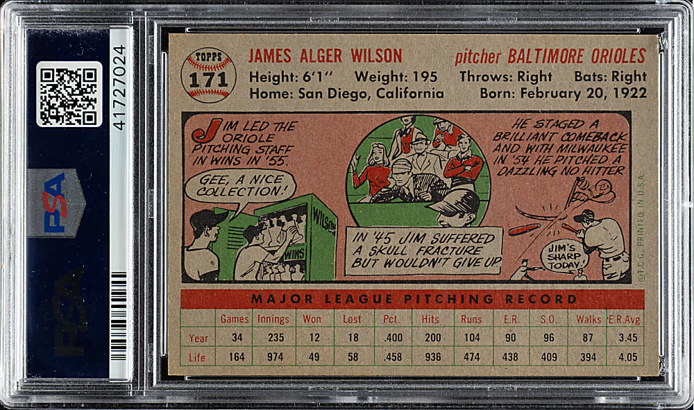 1956 Topps #171 Jim Wilson Gray Back PSA NM-MT 8