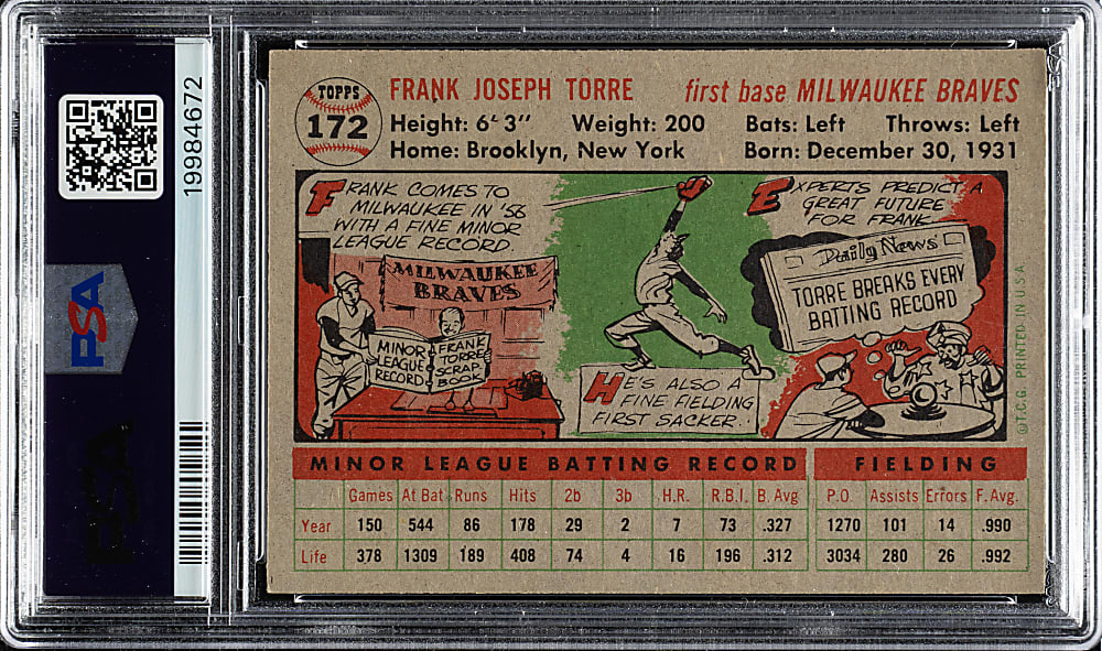 1956 Topps #172 Frank Torre Gray Back PSA NM-MT 8