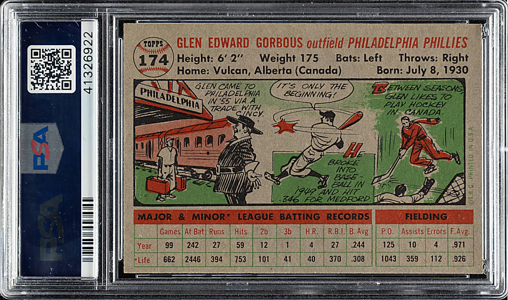 1956 Topps #174 Glen Gorbous Gray Back PSA NM-MT 8