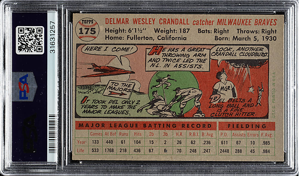 1956 Topps #175 Del Crandall Gray Back PSA NM-MT 8