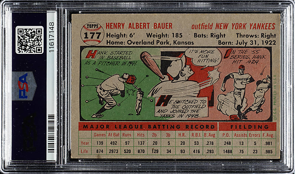 1956 Topps #177 Hank Bauer Gray Back PSA NM-MT 8