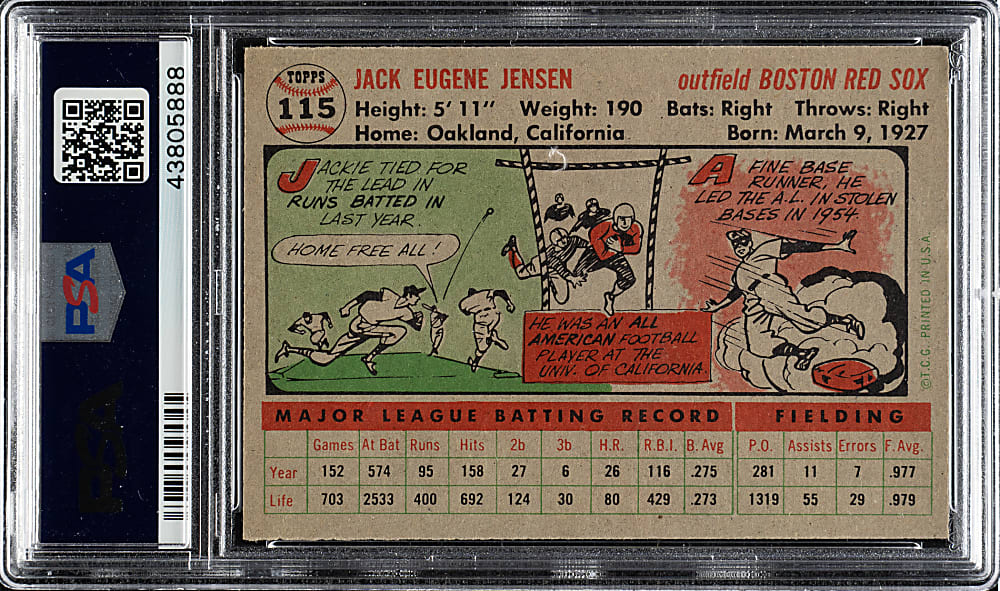 1956 Topps #115 Jackie Jensen Gray Back PSA NM-MT 8