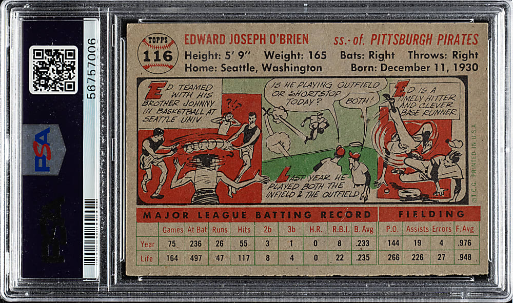 1956 Topps #116 Eddie O'Brien Gray Back PSA NM-MT 8