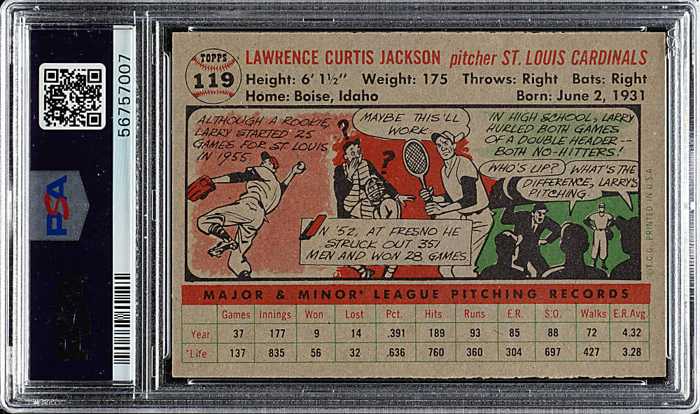 1956 Topps #119 Larry Jackson Gray Back PSA NM-MT 8