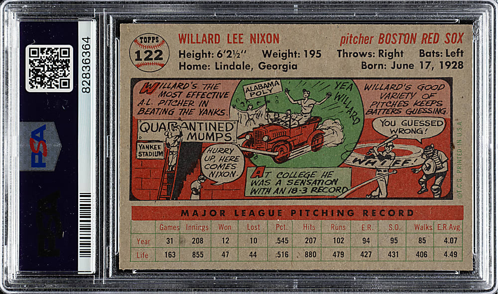 1956 Topps #122 Willard Nixon Gray Back PSA NM-MT 8