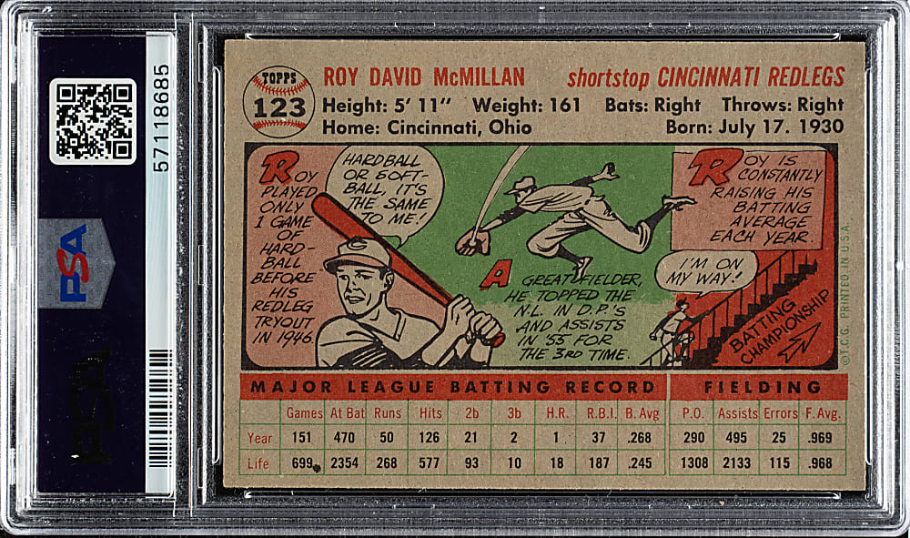 1956 Topps #123 Roy McMillan Gray Back PSA NM-MT 8