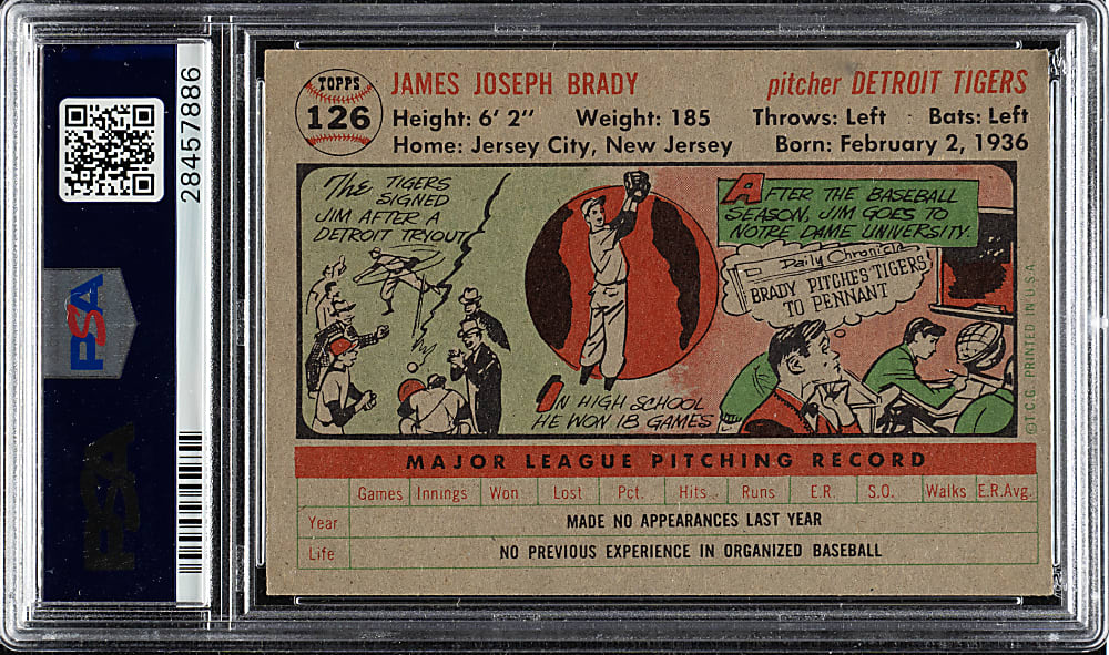 1956 Topps #126 Jim Brady Gray Back PSA NM-MT 8