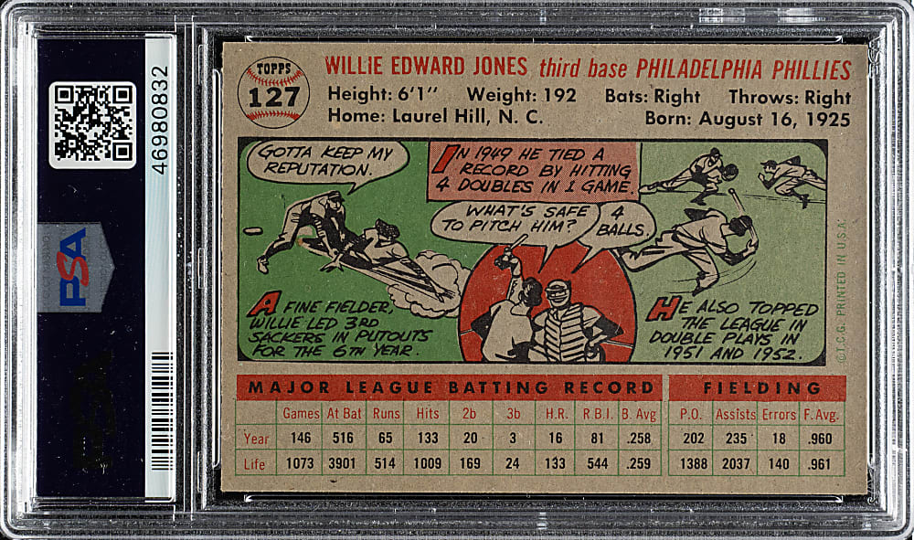 1956 Topps #127 Willie Jones Gray Back PSA NM-MT 8