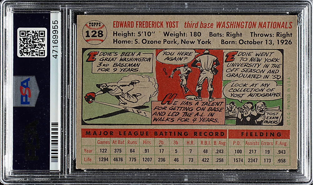 1956 Topps #128 Eddie Yost Gray Back PSA NM-MT 8