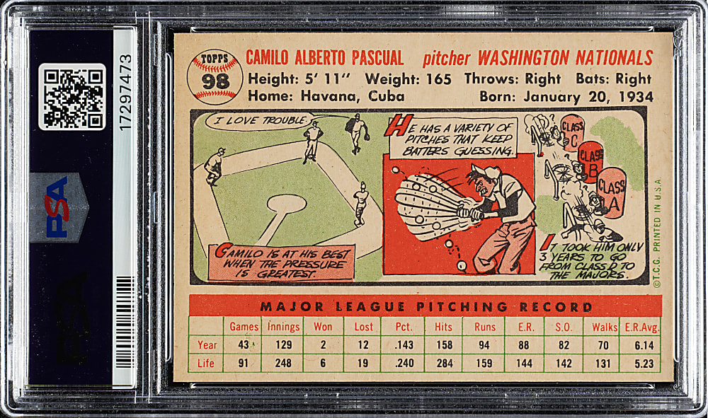 1956 Topps #98 Camilo Pascual White Back PSA NM-MT 8