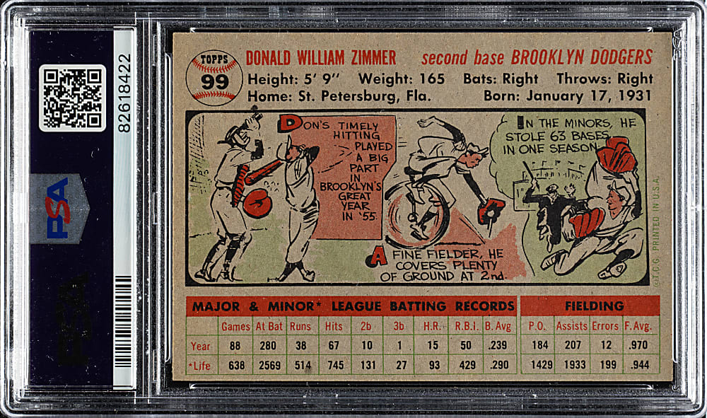 1956 Topps #99 Don Zimmer Gray Back PSA NM-MT 8