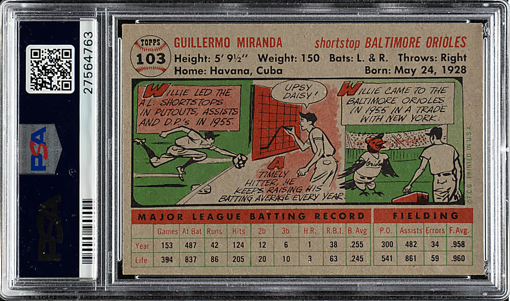 1956 Topps #103 Willie Miranda Gray Back PSA NM-MT 8