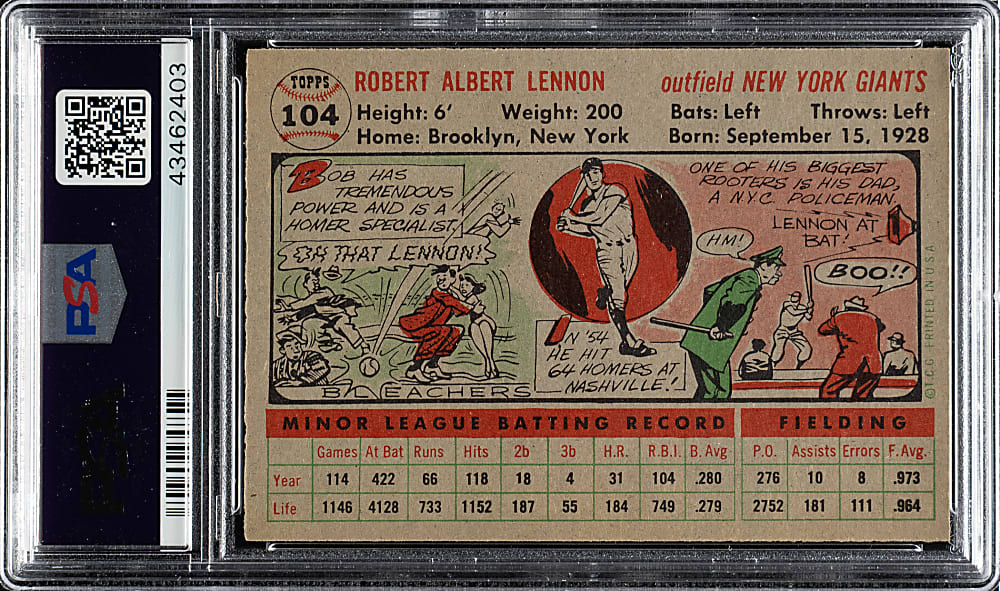 1956 Topps #104 Bob Lennon Gray Back PSA NM-MT 8