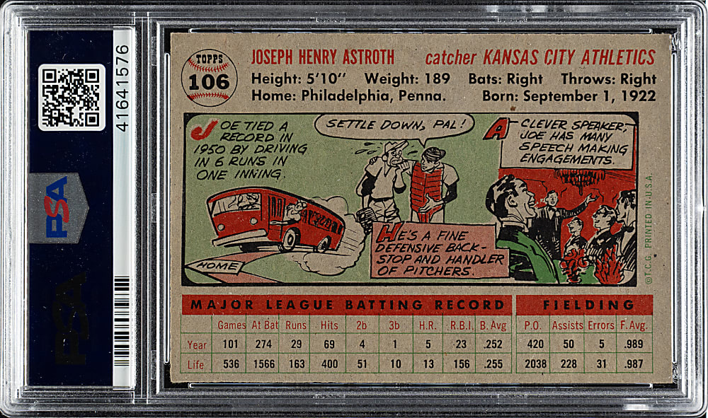 1956 Topps #106 Joe Astroth Gray Back PSA NM-MT 8