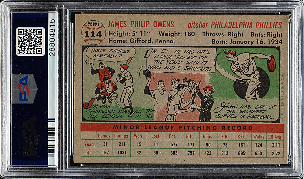 1956 Topps #114 Jim Owens Gray Back PSA NM-MT 8