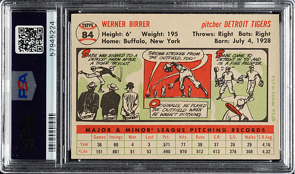 1956 Topps #84 Babe Birrer White Back PSA NM-MT 8