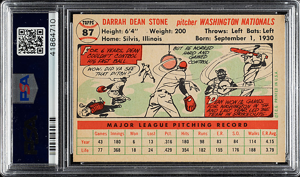 1956 Topps #87 Dean Stone White Back PSA NM-MT 8