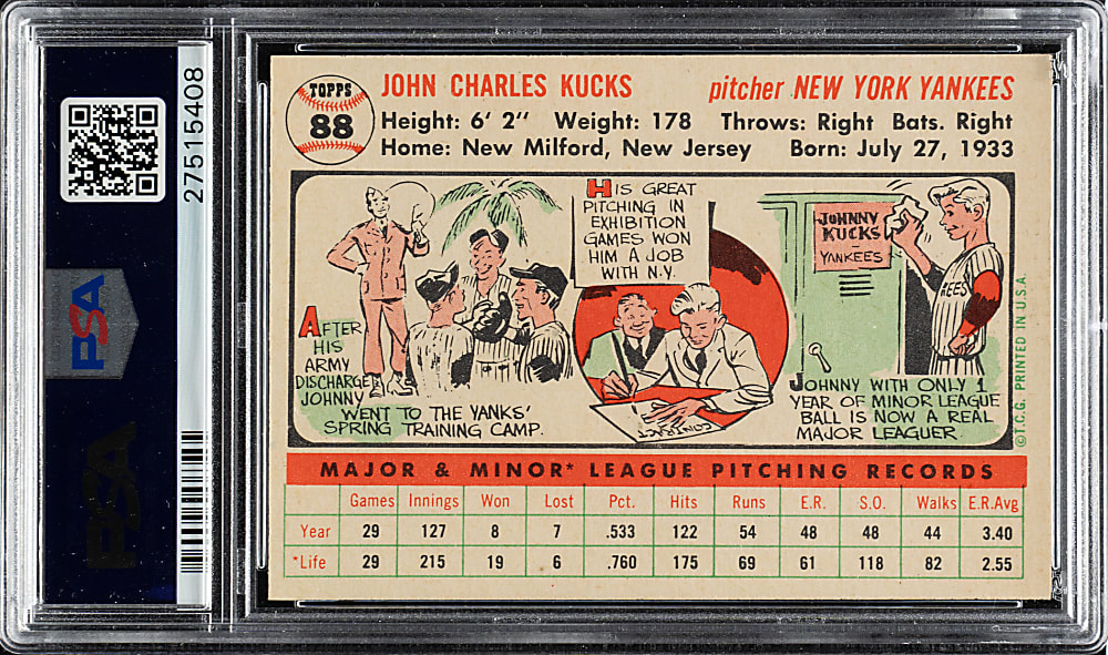 1956 Topps #88 Johnny Kucks White Back PSA NM-MT 8
