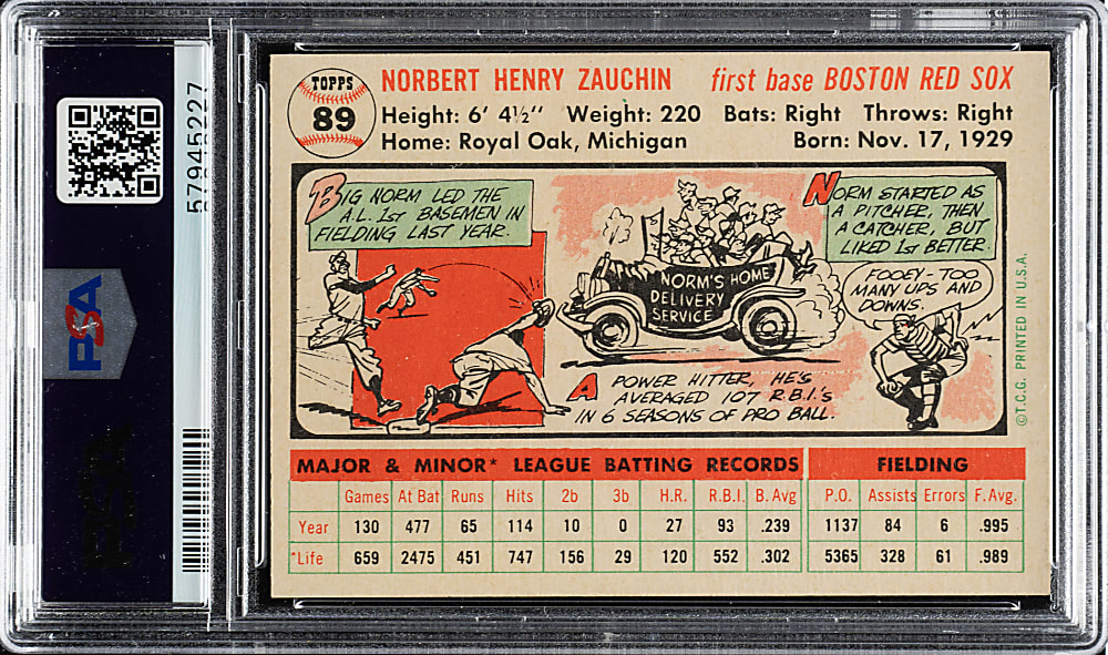 1956 Topps #89 Norm Zauchin White Back PSA NM-MT 8