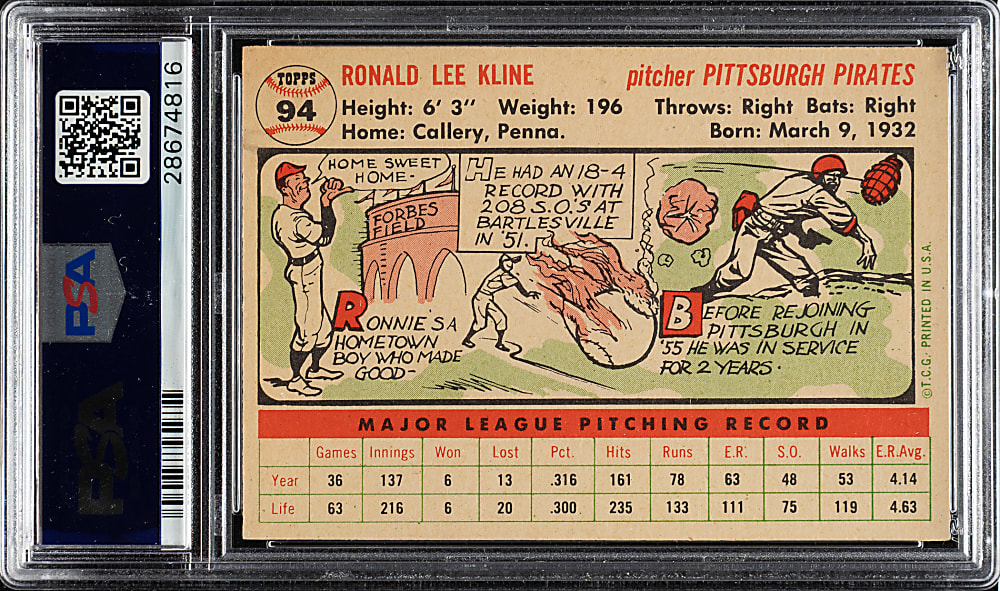 1956 Topps #94 Ronnie Kline White Back PSA NM-MT 8