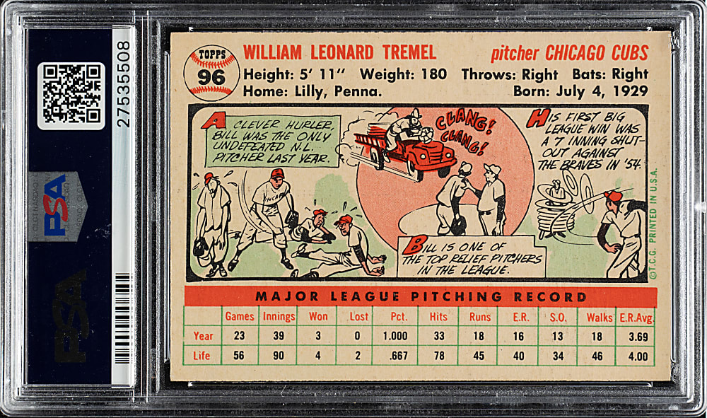 1956 Topps #96 Bill Tremel White Back PSA NM-MT 8