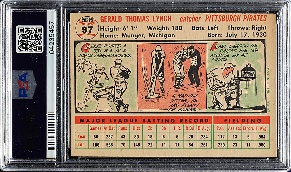 1956 Topps #97 Jerry Lynch White Back PSA NM-MT 8