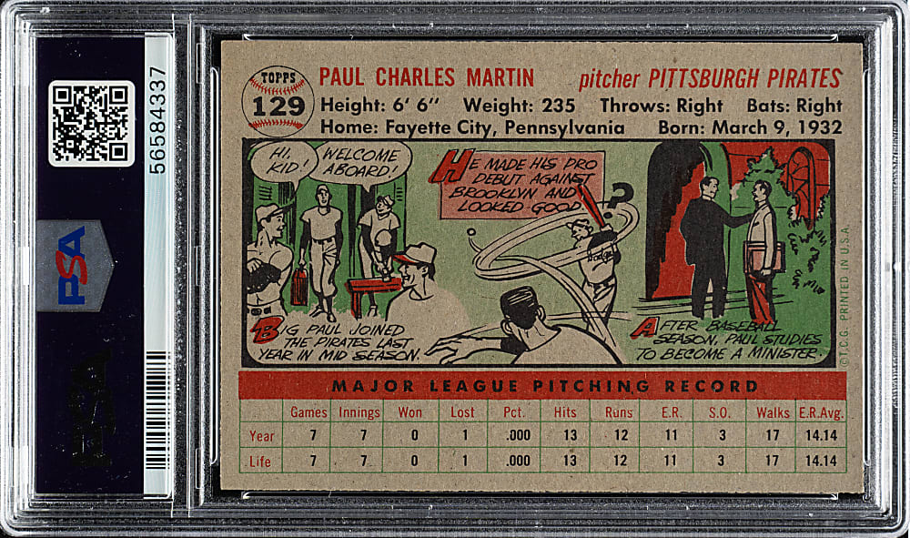 1956 Topps #129 Jake Martin Gray Back PSA NM-MT 8