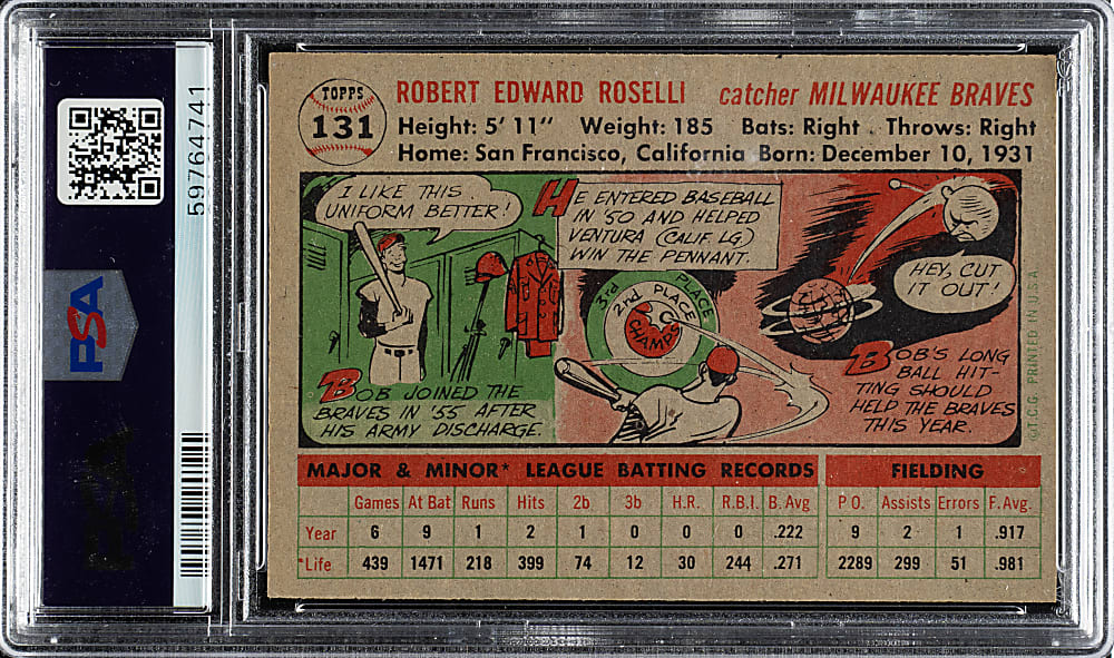 1956 Topps #131 Bob Roselli Gray Back PSA NM-MT 8