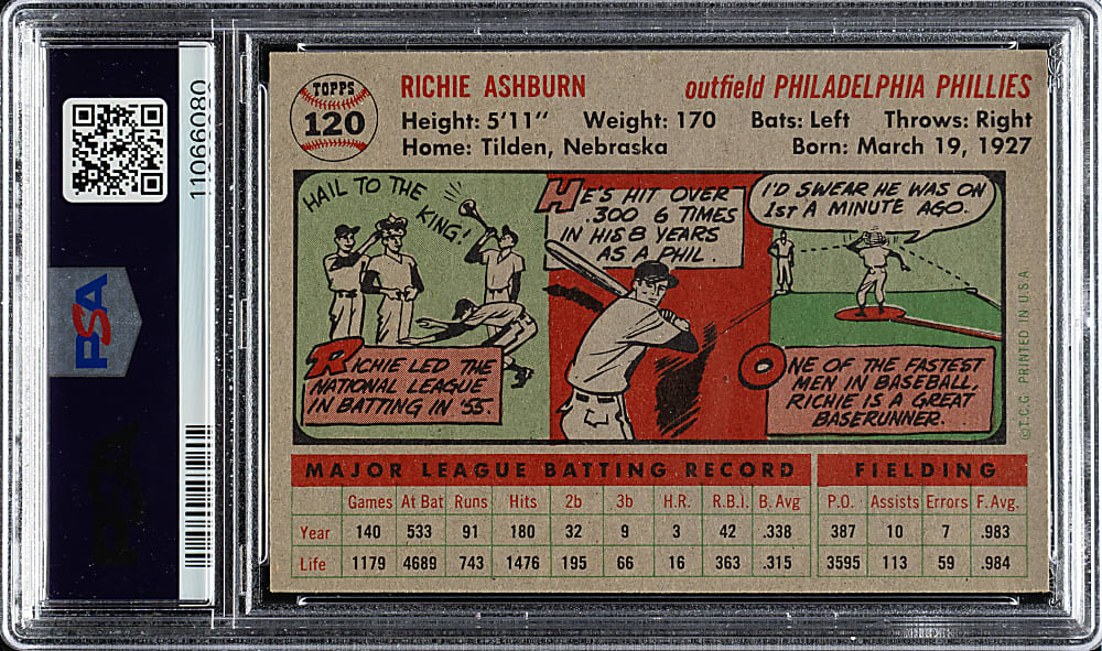 1956 Topps #120 Richie Ashburn Gray Back PSA NM-MT 8