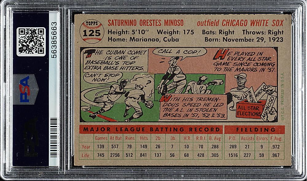 1956 Topps #125 Minnie Minoso Gray Back PSA NM-MT 8