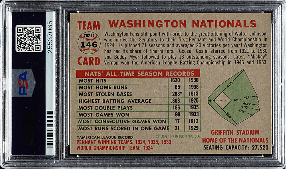 1956 Topps #146 Washington Nationals Team Gray Back PSA NM-MT 8