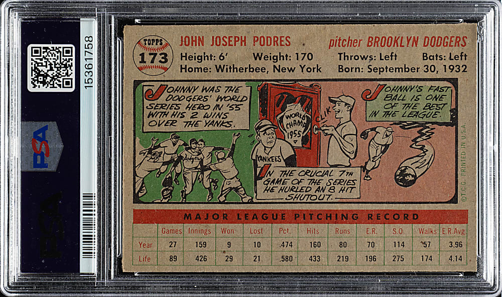 1956 Topps #173 Johnny Podres Gray Back PSA NM-MT 8