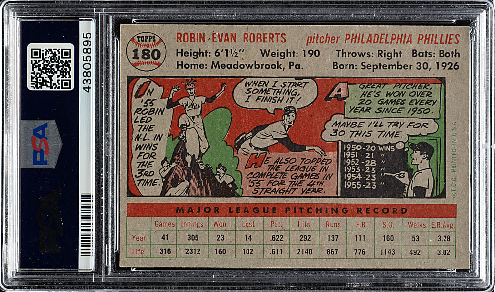 1956 Topps #180 Robin Roberts Gray Back PSA NM-MT 8