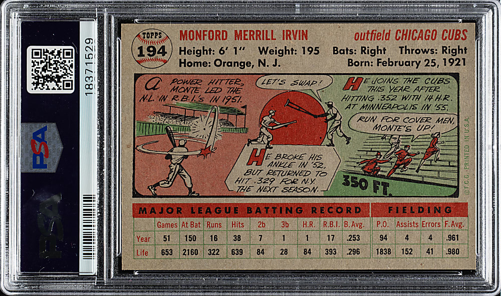 1956 Topps #194 Monte Irvin PSA NM-MT 8