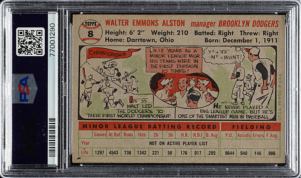 1956 Topps #8 Walter Alston Gray Back PSA NM-MT 8