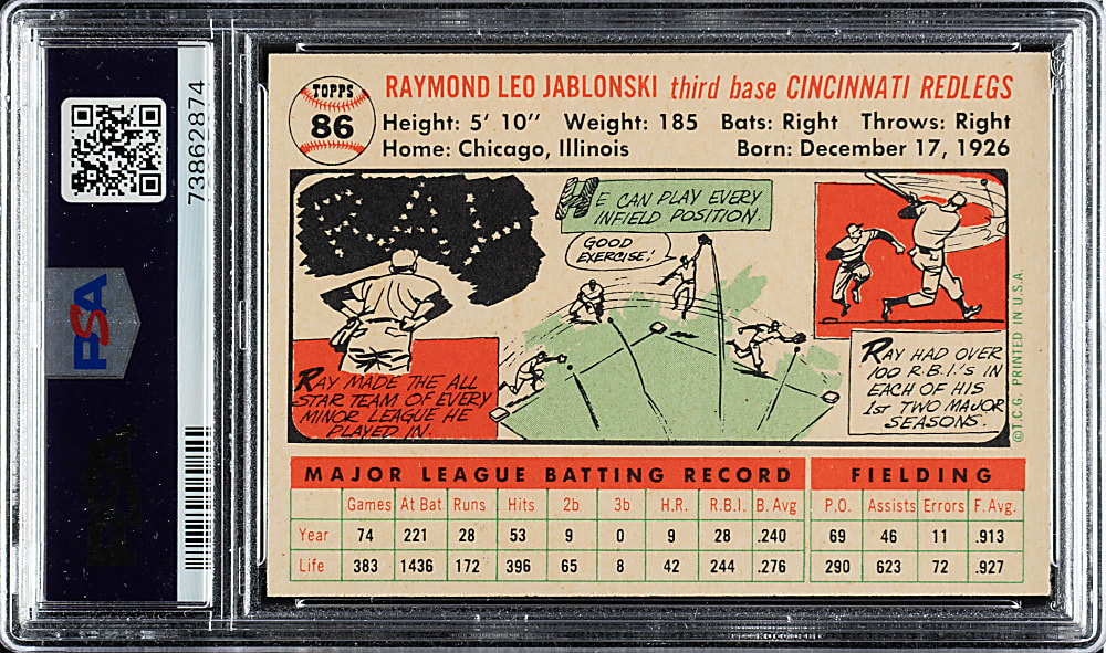 1956 Topps #86 Ray Jablonski White Back PSA MINT 9