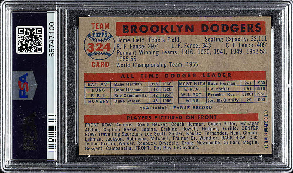 1957 Topps #324 Brooklyn Dodgers Team PSA NM-MT 8