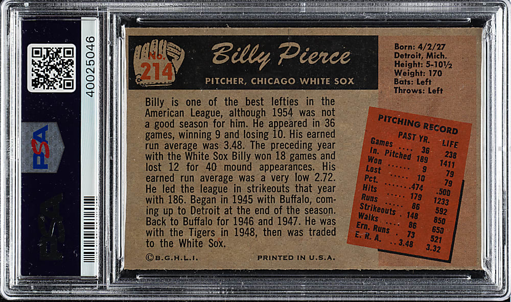 1955 Bowman #214 Billy Pierce PSA NM-MT 8