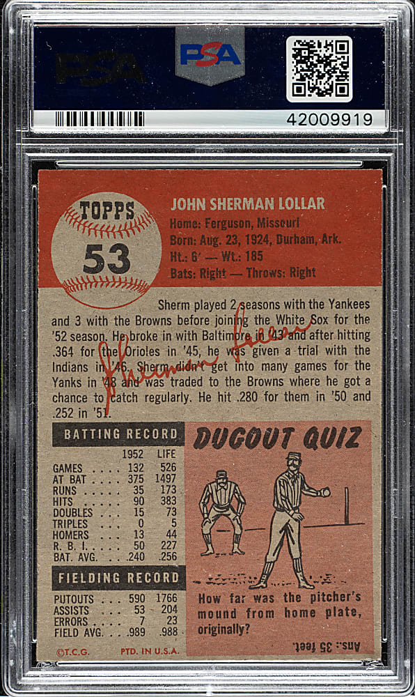 1953 Topps #53 Sherman Lollar PSA NM-MT 8