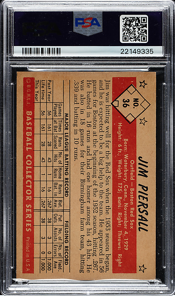 1953 Bowman Black & White #36 Jim Piersall PSA NM 7