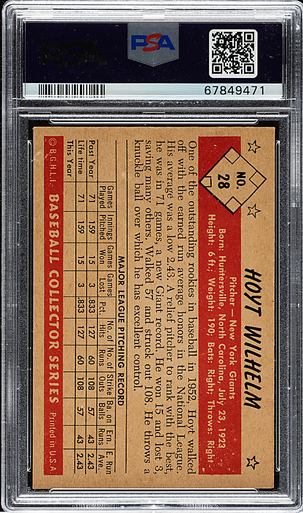 1953 Bowman Black & White #28 Hoyt Wilhelm PSA NM 7