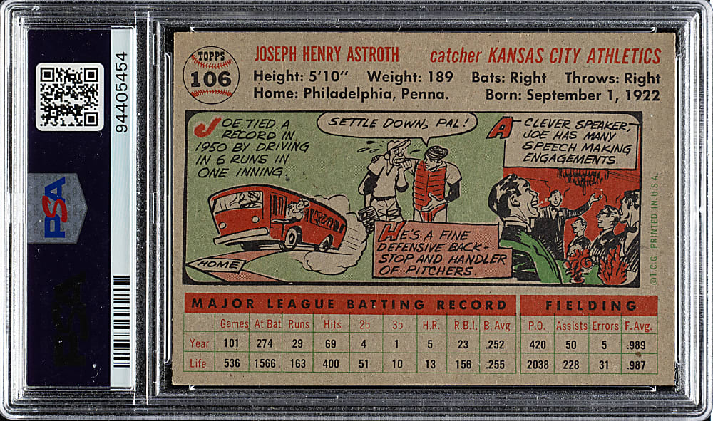 1956 Topps #106 Joe Astroth Gray Back PSA NM-MT 8