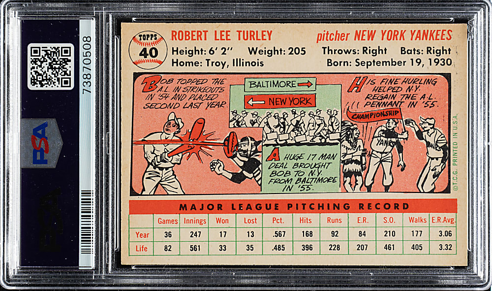 1956 Topps #40 Bob Turley White Back PSA NM-MT 8