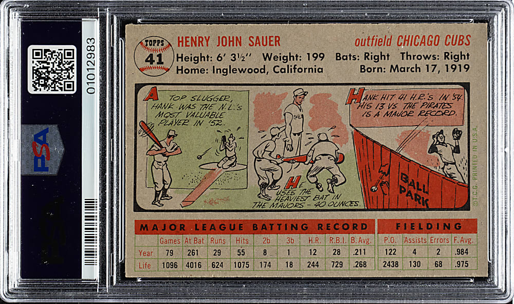 1956 Topps #41 Hank Sauer Gray Back PSA NM-MT 8