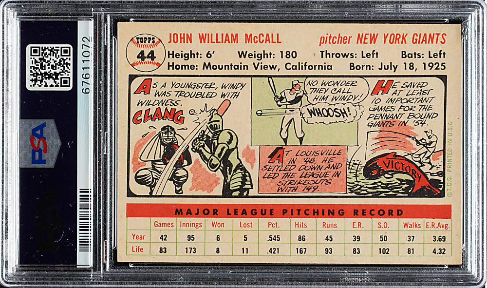 1956 Topps #44 Windy McCall White Back PSA NM-MT 8