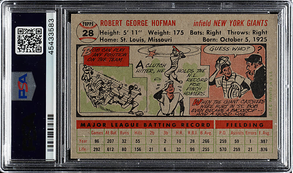1956 Topps #28 Bobby Hofman Gray Back PSA NM-MT 8