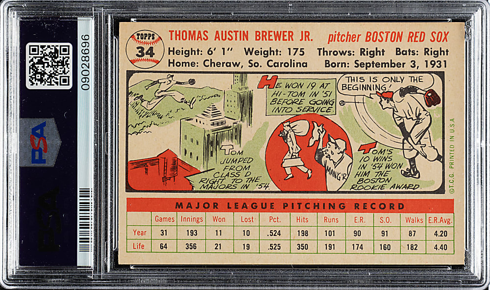 1956 Topps #34 Tom Brewer White Back PSA NM-MT 8